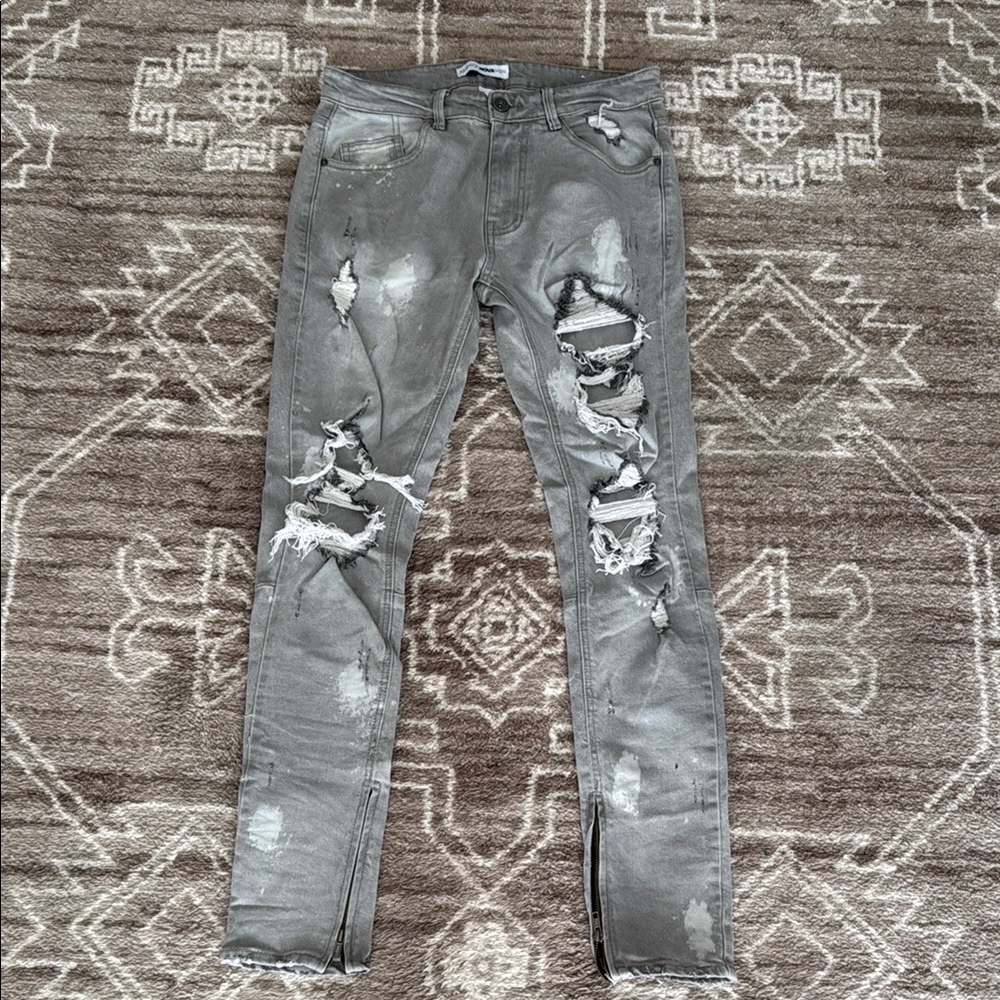 Fashion Nova Gray Slim Fit Jeans with Distressed Details